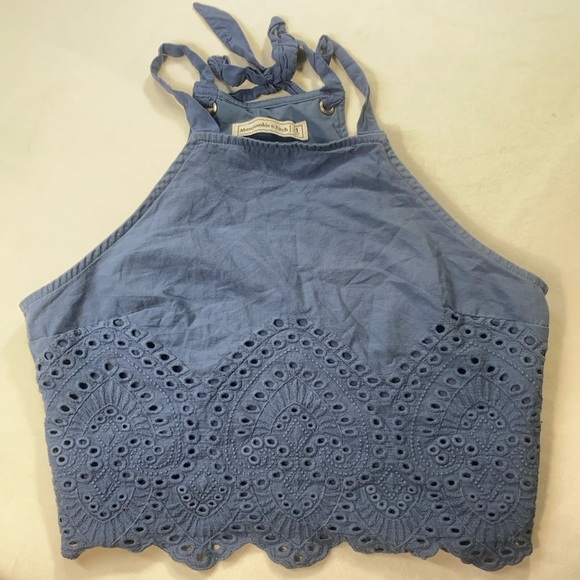 Abercrombie‎ & Fitch Blue Eyelet Halter Crop Top Women’s Size M Boho Festival - Picture 2 of 13